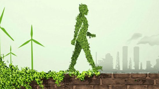 Persona caminando dejando una camino de plantas, simbolizando el camino hacia lo sustentable